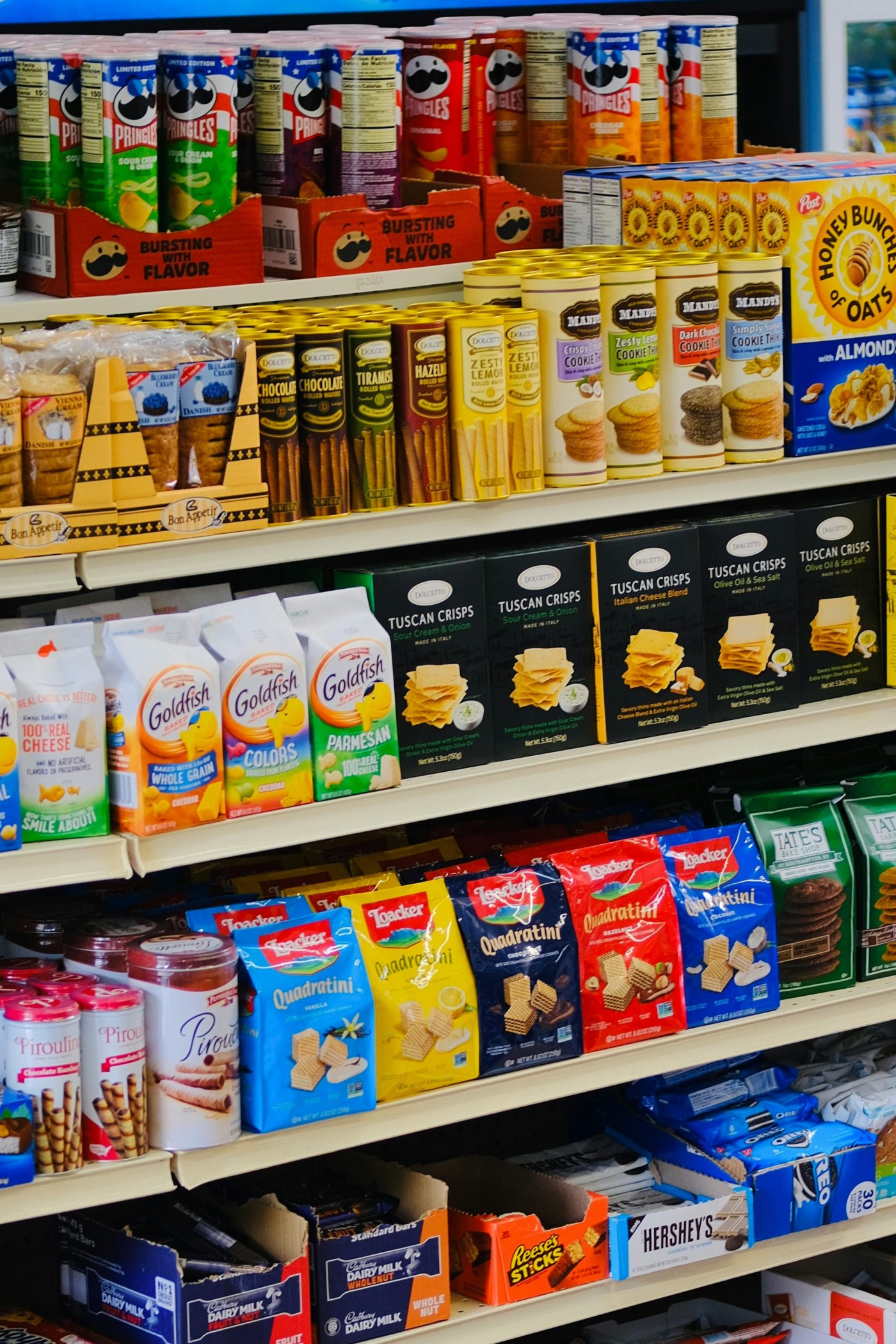 Shelves with snacks and drinks